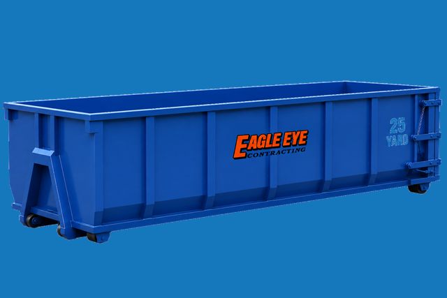 25 yard blue roll-off dumpster rental for property cleanup and job-site debris
